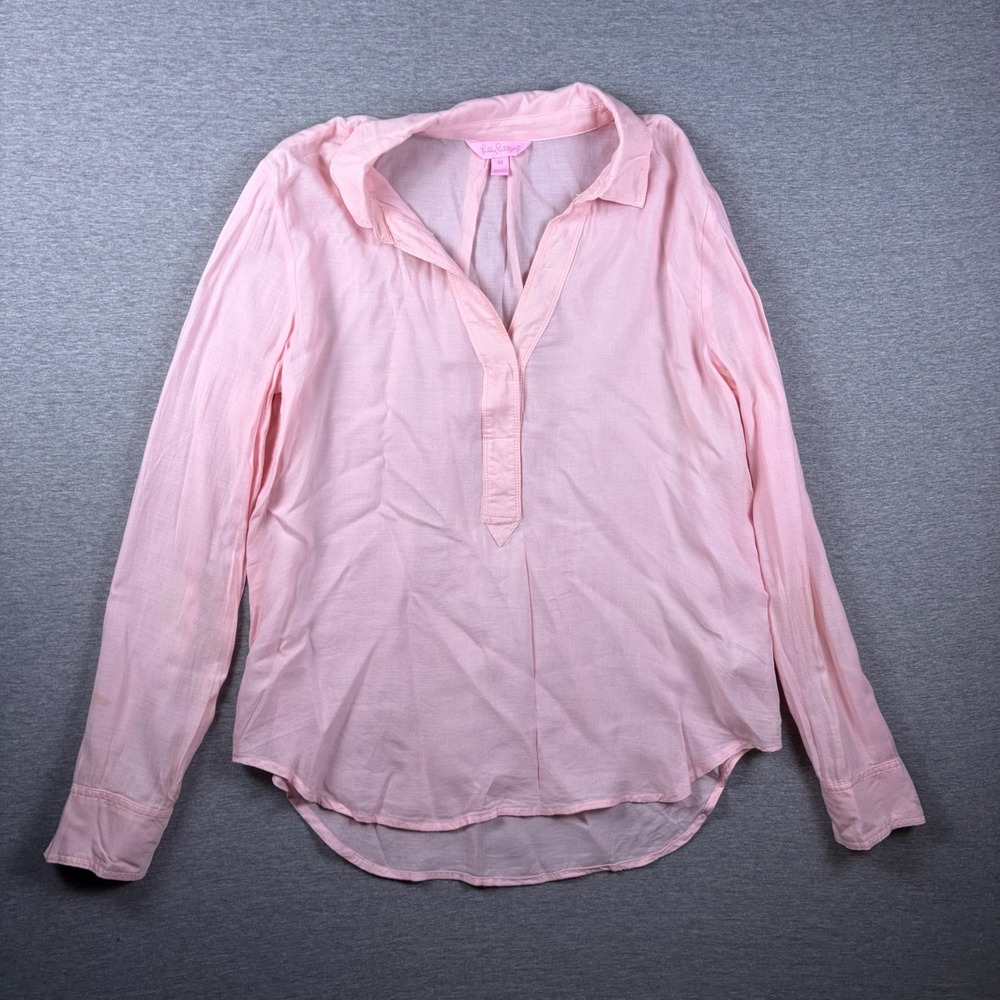 Lilly Pulitzer Joan Tunic Top Womens XS Pink Popover Long Sleeve Rayon Cotton